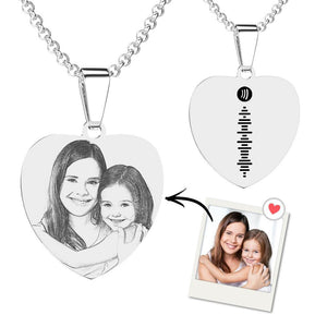 Mother's Day Gifts - Personalized Music Spotify Code Heart Photo Necklace Stainless Steel Pendant Custom Laser Engrave