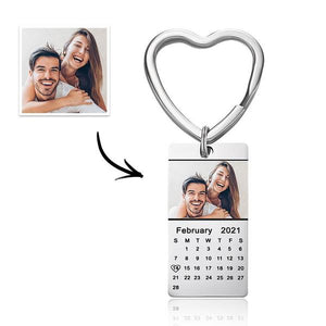 Custom Photo keychain customized Personalized Calendar Keychain Silver Color with Heart Valentine's Day Gifts for Your Lover
