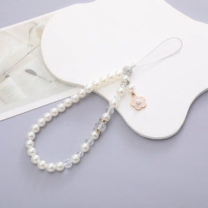 White Pearl with White Flower Phone Charm Anti-lost and Anti-fall