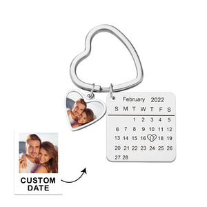 Custom Photo Calendar Keychain Heart Pendant Key Ring Save the Date for Couples