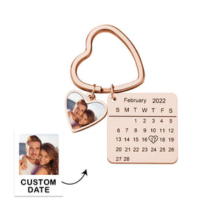 Custom Photo Calendar Keychain Heart Pendant Key Ring Save the Date - Rose Golden