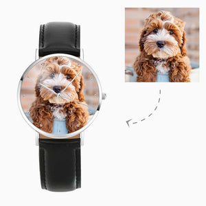 Women's Engraved Photo Watch Black Leather Strap 36mm