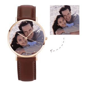Unisex Engraved Rose Goldtone Photo Watch Brown Leather Strap 40mm