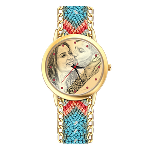Women's Gold Photo Engraved Watch Braided Color Rope Strap 40mm