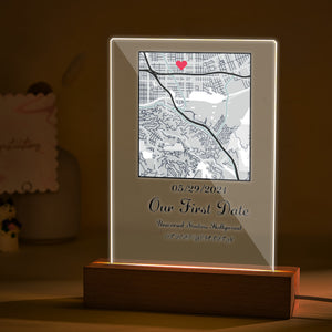 Personalized Acrylic Map Our First Date Night Light with Wood Stand